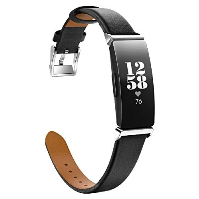 Abbildung von Moko Armband Kompatibel mit Fitbit Inspire/Inspire HR/Inspire 2, Klassisches Leder Uhrenarmband Lederarmband Erstatzband Uhr Band Watchband Metallschließe Schwarz