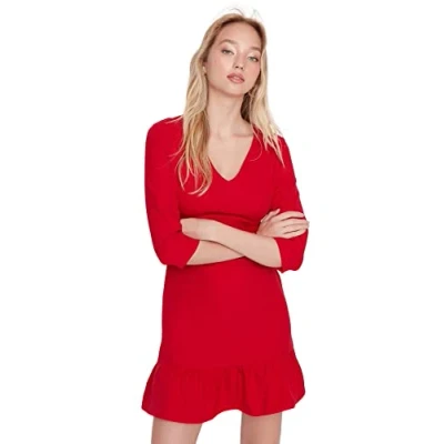 Abbildung von Trendyol Damen Woman Mini Skater Tiefer Rundhals Webstoff Kleid, burgunderfarben, 34
