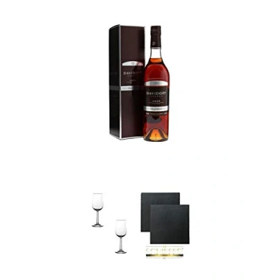 Abbildung von Davidoff Classic VSOP Cognac Frankreich 0,7 Liter + Nosing Gläser Kelchglas Bugatti mit Eichstrich 2cl und 4cl 2 Stück Schiefer Glasuntersetzer eckig ca. 9,5 cm Ø