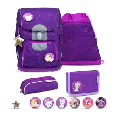 Abbildung von Belmil Motion ergonomisches Schulranzen Set 5 teilig aus recyceltem Material mit Brustgurt, Hüftgurt, Magnetverschluss, Patch 6 Stück (405 74/AG/S) (Purple Sky 2025)