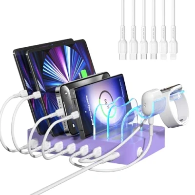 Abbildung von SooPii Ladestation für mehrere Geräte, 50W 6 Port Multi USB mit 2 in 1 i Watch Ladehalterung und Ladekabeln, entworfen iPad, Mobiltelefone, Tablets andere (Purple)