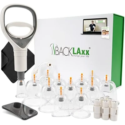 Abbildung von BACKLAxx® Massagegerät Schröpfen Set, 12x Glocken, 6x Therapiemagnete, 1x Vakuumpumpe, Faszienschaber, Schlauch, Mikrofasertuch 21 tlg., 12 teilig