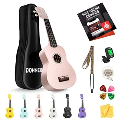 Abbildung von Donner Ukulele für Anfänger Sopran Kit 21 Zoll, DMU 01 Macaron Series mattes Hawaii Gitarre (Rosa)