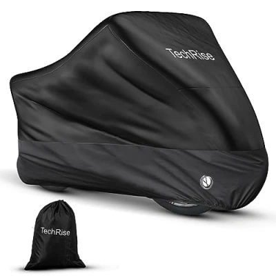 Abbildung von TechRise Fahrradabdeckung für 2 3 Fahrräder, Fahrradschutzhülle Wasserdichte aus 210D Oxford, Fahrradgarage mit SchlossLöchern &amp; Beutel 220x110x95 CM, Fahrrad/Roller/Motorrad Abdeckplane (Schwarz)