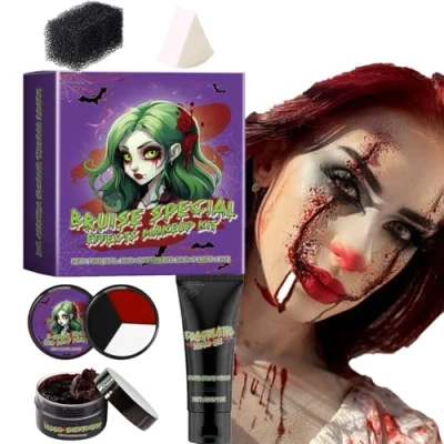 Abbildung von Kunstblut Halloween Schminke Set,Halloween Set,SFX Makeup Kit,3 Farben Schminkpalette+Dunkelrotes Geronnenes Blut+Wundschorf Kunstblut+2 Schwamm,für Kleidung,Zombie,Vampir Cosplay &amp; Dress Up