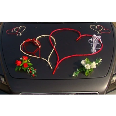 Abbildung von TOP HERZE Auto Schmuck Braut Paar Rose Deko Dekoration Autoschmuck Hochzeit Car Wedding PKW (Maxi Weiß/Rot)