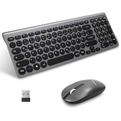 Abbildung von LeadsaiL, kabelloses Tastatur Maus Set, ergonomische und Tastatur, kabellose PC Maus, deutsches QWERTZ Layout, leise Maustasten, MacOS PC, Laptop, Grau