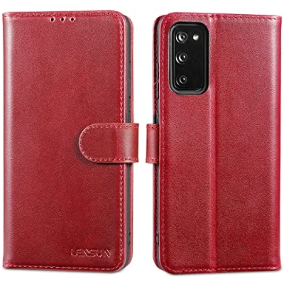 Abbildung von LENSUN Echtleder Hülle für Samsung Galaxy S20 FE 4G/5G, Handyhülle [Echtes Leder] [Magnetverschluss] [RFID] Handytasche Lederhülle 2022 Weinrot