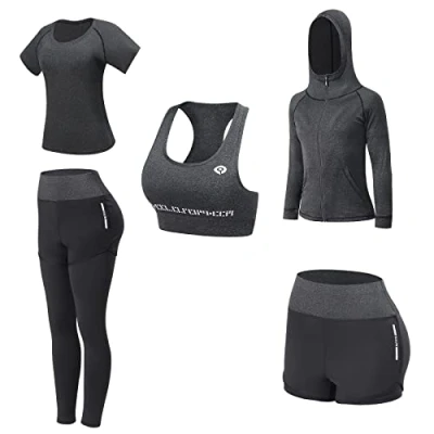 Abbildung von JULY&#039;S SONG Yoga Kleidung Anzug 5er Set Trainingsanzug Laufbekleidung Gym Fitness (Grün, XL)