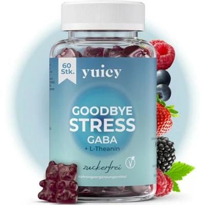 Abbildung von YUICY Goodbye Stress Gaba Gummies mit L Theanin und Zitronenmelisse weniger Stress, mehr Fokus Gelassenheit Gummibärchen statt Kapseln 100 mg 60 Stück