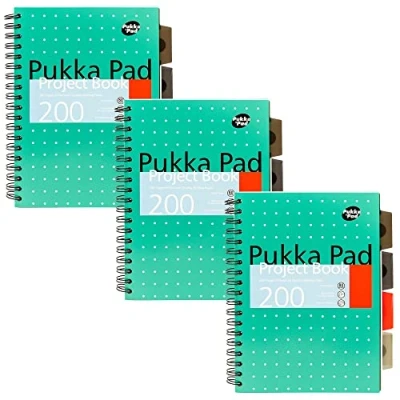 Abbildung von Pukka Pad, 5 Fächer B5 Projekt notizbuch im 3er Pack mit verstellbaren trennblätter 200 Seiten aus 80 GSM Papier 8 mm Linien und perforierten Kanten Metallic Grün 25 x 19 cm