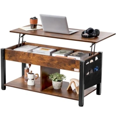 Abbildung von VEVOR Couchtisch mit anhebbarer Platte, 106 cm rechteckiger Beistelltisch, Sofatisch, Kaffeetisch zusätzlichen Aufbewahrungstaschen, offener und versteckter Stauraum, Wohnzimmer, braun
