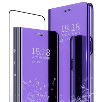 Abbildung von MLOTECH Schutzhülle für Samsung A21s, + Hartglas, Displayschutzfolie, Flip Clear View transparent, Spiegel, Standing 360 , stoßfest, Smart Cover, Blau Violett