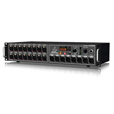 Abbildung von Behringer S16 I/O Box mit 16 fernsteuerbaren Midas Vorverstärkern, 8 Ausgängen und AES50 Netzwerk Klark Teknik SuperMAC Technologie