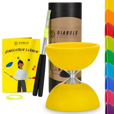 Abbildung von Diabolo Freizeitsport Jonglier Set Basic (gelb) mit Aluminium Handsticks, Ersatzschnur, Anleitung. Perfekt für Kinder, Einsteiger &amp; Anfänger