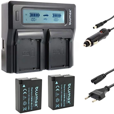 Abbildung von 2x Blumax Akku ersetzt Panasonic DMW BLC12e 1000mAh + Doppelladegerät BLC12 E Dual Charger passend zu Lumix DMC: G5 G6 GX8 G70 G81 GH2 FZ200 FZ300 FZ1000 FZ2000 Leica V Lux 4