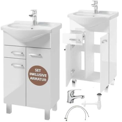 Abbildung von Domodomo Badezimmerschrank mit Waschbecken 80 x 46 30 cm Stehender Schublade und Unterschrank, lackiert, Elegantes Set Keramikwaschbecken