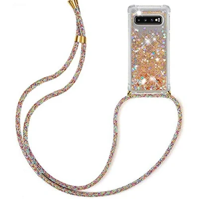 Abbildung von HongMan Handykette Hülle für Samsung Galaxy S10 Plus Quicksand Glitzer mit Band Silikon Handyhülle Kordel Umhängenband Schnur Treibsand Case zum Umhängen