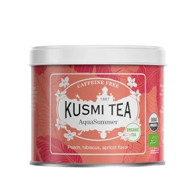 Abbildung von Kusmi Tea AquaSummer Bio Früchteteemischung aus Hibiskus, Apfel, Aprikose und Pfirsich Koffeinfreier Hibiskustee Heiß oder als Eistee genießen 100 g Metalldose Menge für etwa 50 Tassen