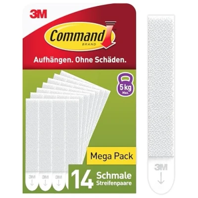 Abbildung von Command Klebestreifen, Vorteilspack 14x2 Schmal (28 Strips), Weiß Bilder Aufhängen ohne Bohren, Streifen halten bis zu 5,4 kg, Rückstandsfreies Ablösen