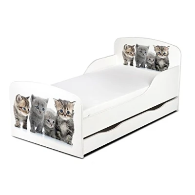 Abbildung von Leomark Einzelbett aus Holz Katzen Kinderbett mit Schubladen für Bettwäsche, Stauraum, Holzbett Matratze + Lattenrost, Komplett Set, Liegefläche 70/140 cm, UV Druck