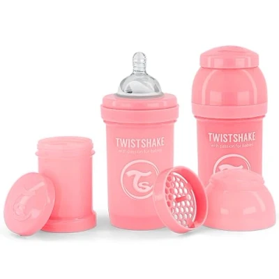 Abbildung von Twistshake 2x Anti Kolik Flaschen mit Milchpulverbehälter und Mixer 180ml Langsamflusssauger aus Silikon BPA freie Babyflasche 0+ Monate Rosa