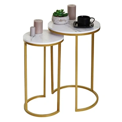 Abbildung von Mendler 2er Set Beistelltisch HWC K46, Kaffeetisch Nachttisch Loungetisch, Marmor Optik MDF weiß Gold