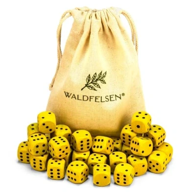 Abbildung von Waldfelsen 6, 12, 20, 30 oder 50 hochqualitative Holzwürfel aus echtem Buchenholz Augenwürfel Spielwürfel Holz in 16 mm Standardwürfel mit Stoffbeutel Würfelset (Gelb, Stück)