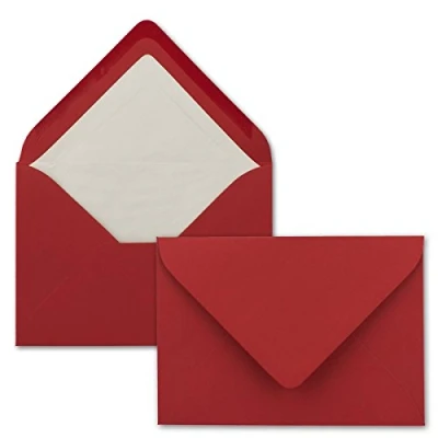 Abbildung von 50 Briefumschläge in Rosenrot mit weißem Innenfutter Kuverts DIN B6 Format 12,5 x 17,6 cm Seidenfutter Nassklebung