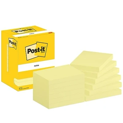 Abbildung von Post it Notizen Kanariengelb, Packung mit 12 Blöcken, 100 Blatt pro Block, 76 mm x 102 mm, Farbe: Gelb Selbstklebende Notizzettel für Notizen, To Do Listen und Erinnerungen