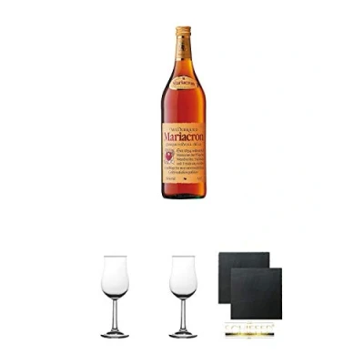 Abbildung von Mariacron Weinbrand 1,0 Liter + 2 Bugatti Nosing Gläser mit Eichstrich 2cl und 4cl Schiefer Glasuntersetzer eckig ca. 9,5 cm Ø