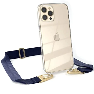 Abbildung von EAZY CASE Hülle mit Band kompatibel iPhone 12 Pro Max Handyhülle Umhängeband für Silikonhülle Transparent Schutzhülle Handykette zum Umhängen Handykordel in Blau Gold