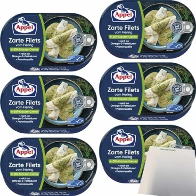 Abbildung von Appel Zarte Filets vom Hering in Dill Kräuter Creme 6er Pack (6x200g Dose) + usy Block