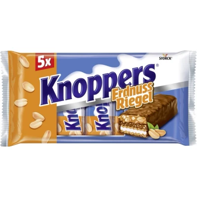 Abbildung von Knoppers ErdnussRiegel 1 x 200g (5 Riegel) Waffelriegel mit Milchcreme, Erdnusscreme, gesalzenen, gehackten Erdnüssen und zartem Karamell, umhüllt von Vollmilchschokolade