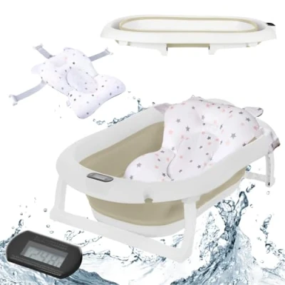 Abbildung von Primabobo Faltbar Babybadewanne, Große Babywanne, Kinderbadewanne mit Badesitz, für Babys von 0 36 Monaten (Premium Beige (Badekissen, Thermometer), Faltbare Babybadewanne)