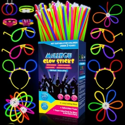 Abbildung von Millegu Knicklichter Party Set,100 Stück Leuchtstäbe 130 Verbinder,Neon Ketten und Leuchtbrillen für Kinder, Deko Festival Hochzeiten Weihnacht Silvester 2025