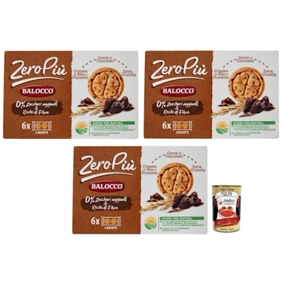 Abbildung von 6x Balocco Zero Più Biscotti Ohne Zuckerzusatz,Kekse mit Reis und Weizencrispies,Schokoladentropfen Extra Crunchy 210g + Italian Gourmet Polpa di Pomodoro 400g Dose