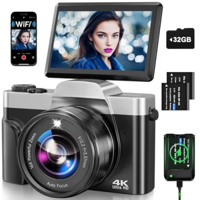 Abbildung von Digitalkamera, 4K 64MP Autofokus Kamera Fotokamera mit WLAN, 3&quot; 180 Klappbarer Bildschirm Digital 32GB Karte, Ladestation, 2 Akkus Fotoapparat Kompaktkamera für Anfänger Teenager Schwarz