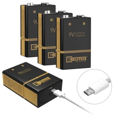 Abbildung von EEMB Wiederaufladbare 9V Block Batterien 650mAh mit USB Ladekabel 4 Pack Lithium Li Polymer Rauchmelder Batterie für Tastatur Mikrofon Rauchmelder/Detektor Gitarre Kameras Spielzeug(4)