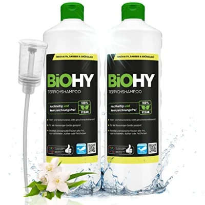 Abbildung von BiOHY Teppichshampoo (2 x 1 liter) + Dosierer Teppichreiniger Konzentrat ideal gegen hartnäckige Flecken materialschonend &amp; tierfreundlich effektives Bio Mittel kraftvoller Teppich Schaum
