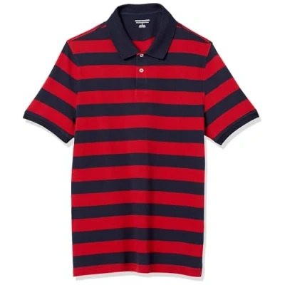 Abbildung von Amazon Essentials Herren Piqué Poloshirt aus Baumwolle, Schmale Passform, Marineblau Rot Rugby Streifen, S