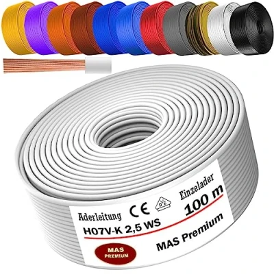 Abbildung von MAS Premium Aderleitung H07 V K 1x2,5 mm² HBL GRGE RT DBL BR OR GR WS VIO oder GE Einzelader flexibel Von 5 bis 100m (Weiß, 100m)