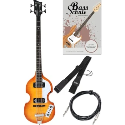 Abbildung von Rocktile E Bass VB “Sir Paul Vintage Beatbass, Violinbass Design, Spar Set, inkl. Tasche, Gitarrenkabel und Gurt, Bassgitarre Hollowbody 2 Humbucker