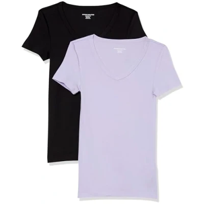 Abbildung von Amazon Essentials Damen Kurzärmeliges T Shirt mit V Ausschnitt, Schmale Passform, 2er Pack, Schwarz/Lavendel, S