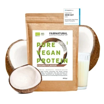 Abbildung von VEGAN Protein Pulver Bio Kokos, Veganes Proteinpulver ohne Soja &amp; Chemie [Regional aus Deutschland] 5K pflanzliches Premium » Zum Backen als Eiweiß Shake « 600g Eiweißpulver