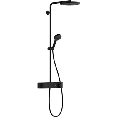 Abbildung von hansgrohe Duschsystem Pulsify S, Brausekopf 260mm, Duschset mit Thermostat, Handbrause, Brauseschlauch, Duschstange, Regendusche (Kopfbrause) 1 Strahlart, Mattschwarz