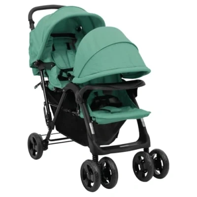 Abbildung von vidaXL Geschwisterwagen Klappbares Design Zwillingswagen Kinderwagen Baby Kinder Buggy Zwillingsbuggy Kinderbuggy Reisebuggy Grün Stahl
