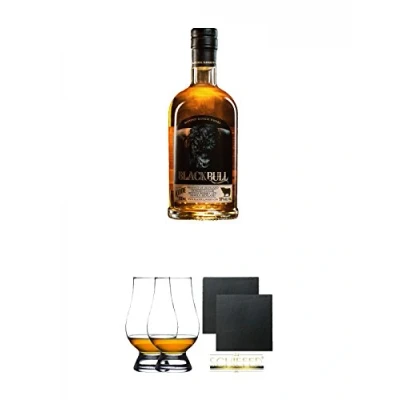 Abbildung von Black Bull Kyloe Blended Scotch Whisky 0,7 Liter + The Glencairn Glass Glas Stölzle 2 Stück Schiefer Glasuntersetzer eckig ca. 9,5 cm Ø