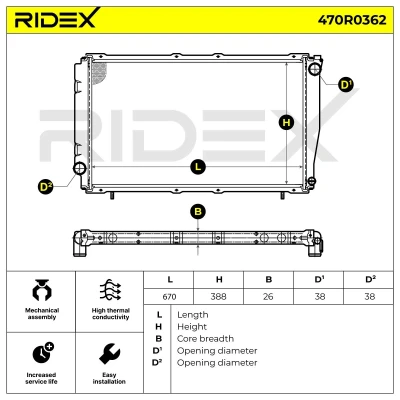 Abbildung von RIDEX 470R0362 Kühler, Motorkühlung Aluminium 394 670 25 Kühlrippen gelötet SUBARU: Impreza I Limousine, Coupe