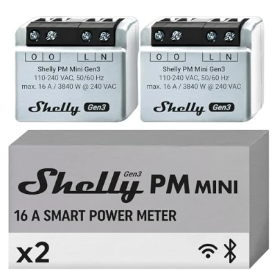 Abbildung von Shelly PM Mini Gen3 Intelligenter WLAN und Bluetooth Stromzähler 1 Kanal 16 A Leistungsmessgerät Kompatibel mit Alexa Google Home iOS Android App Kein Hub erforderlich (2er Pack)